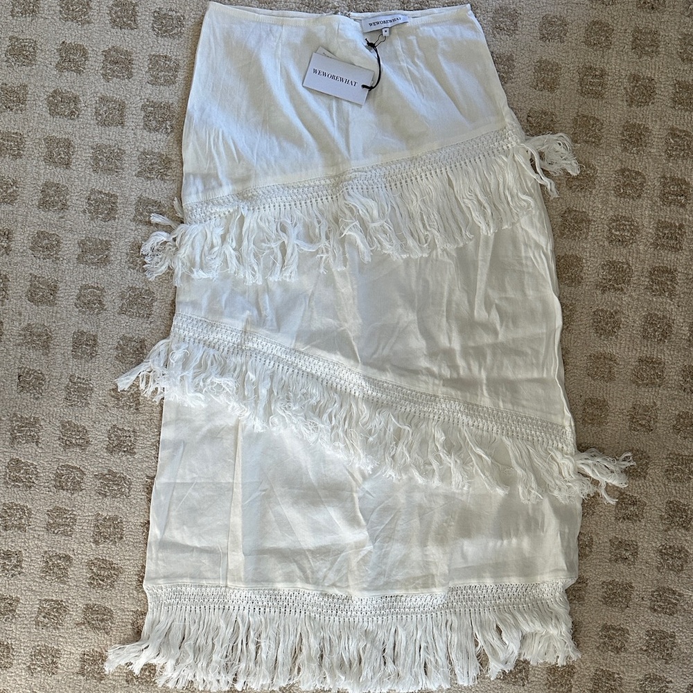 WeWoreWhat Cream Fringe Midi Skirt